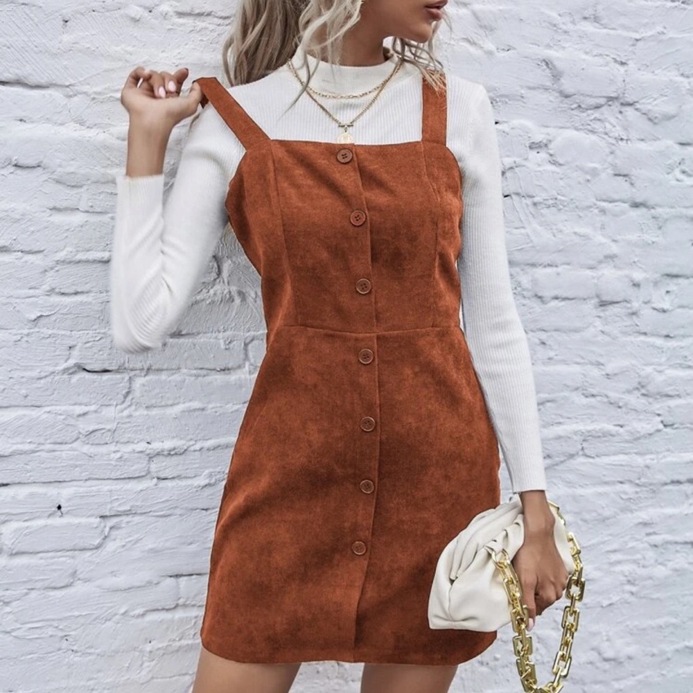 Corduroy button up mini dress camel brown - Picture 1 of 6
